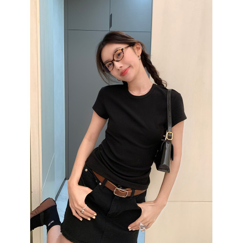 正肩短袖女t恤夏季白色內搭顯瘦圓領小飛袖修身黑色打底辣妹上衣