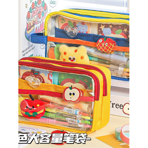 鉛筆手提拼色前透高顔值大容量筆袋日系ins簡約小初中文具袋學生
