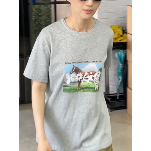 灰色小馬印花短袖女t恤2025新款寬松顯瘦設計感美式復古氣質上衣