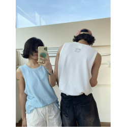 夏季美式復古肌理感提花汗背心男女寬松內搭打底上衣沙灘無袖t恤