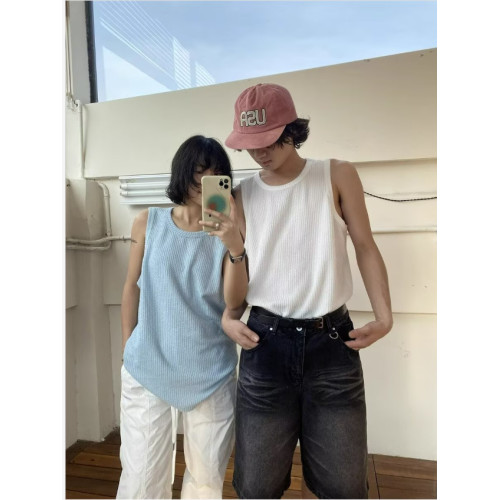 夏季美式復古肌理感提花汗背心男女寬松內搭打底上衣沙灘無袖t恤