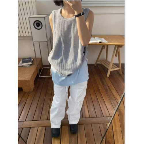 夏季美式復古肌理感提花汗背心男女寬松內搭打底上衣沙灘無袖t恤