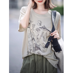 卡其色印花短袖女t恤2025新款超火減齡洋氣美式復古休閒氣質上衣