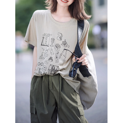 卡其色印花短袖女t恤2025新款超火減齡洋氣美式復古休閒氣質上衣