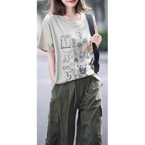 卡其色印花短袖女t恤2025新款超火減齡洋氣美式復古休閒氣質上衣