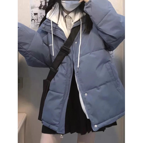 新款衛衣假兩件羽絨服女2025冬短款麵包服學生加厚寬松情侶外套潮