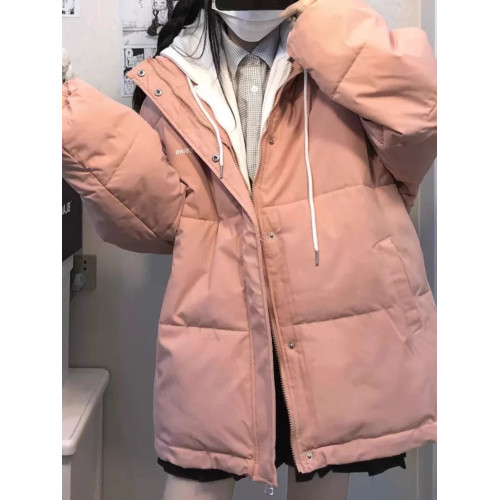新款衛衣假兩件羽絨服女2025冬短款麵包服學生加厚寬松情侶外套潮