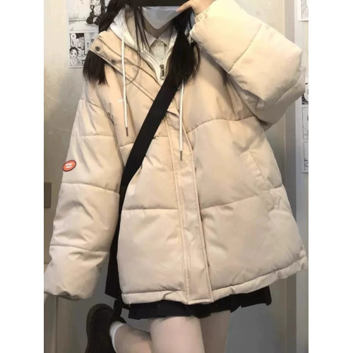 新款衛衣假兩件羽絨服女2025冬短款麵包服學生加厚寬松情侶外套潮