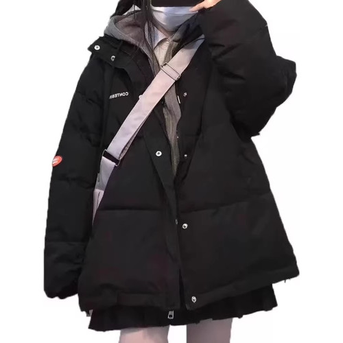 新款衛衣假兩件羽絨服女2025冬短款麵包服學生加厚寬松情侶外套潮