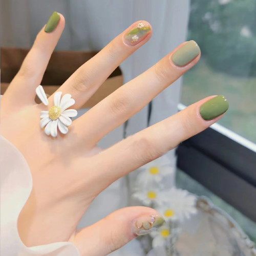春夏新款抹茶綠暈染描金美甲貼片假指甲防水手工光療穿戴式可拆卸