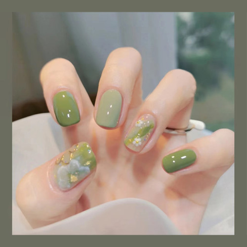 春夏新款抹茶綠暈染描金美甲貼片假指甲防水手工光療穿戴式可拆卸