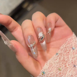 【冰白玫瑰】長款美甲純欲風月光下玻璃珠貓眼穿戴美甲