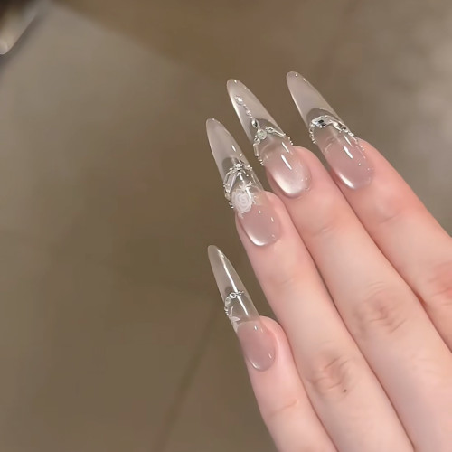 【冰白玫瑰】長款美甲純欲風月光下玻璃珠貓眼穿戴美甲