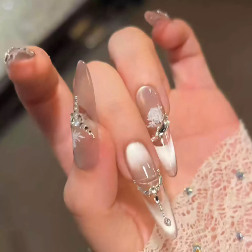 【冰白玫瑰】長款美甲純欲風月光下玻璃珠貓眼穿戴美甲