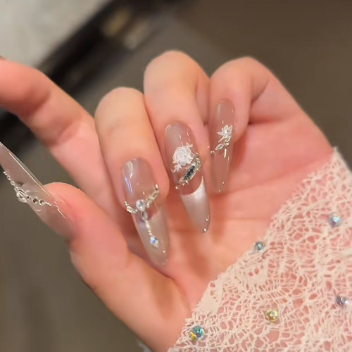 【冰白玫瑰】長款美甲純欲風月光下玻璃珠貓眼穿戴美甲