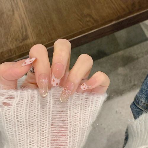 髒髒粉豹紋奶呼呼氛圍感蝴蝶結純手工穿戴甲甜美風美甲