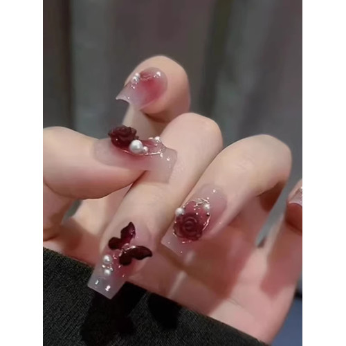 曼辤穿戴甲貼片可拆卸山茶花極光鑽顯白裸色高級感甲片美甲指甲