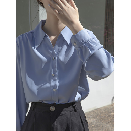藍色職業襯衫女雪紡長袖公務員教師襯衣事業面試通勤正裝職場上衣