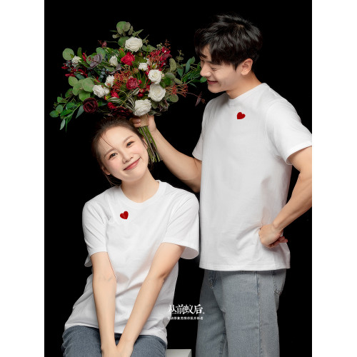 結婚照領証登記情侶裝穿搭愛心白色短袖T恤大碼証件照訂婚衣服裝