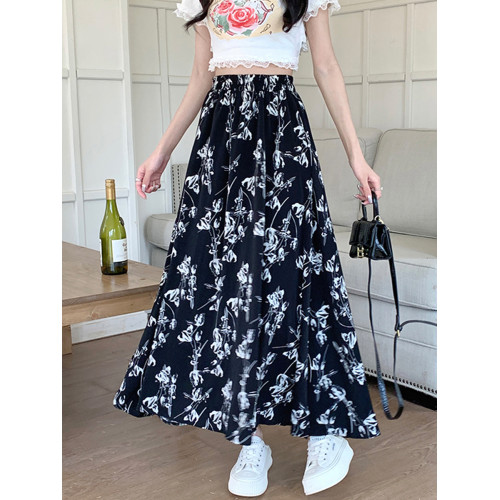 雪紡半身長裙女夏季2025新款遮跨飄逸大擺繖裙高腰碎花a字半身裙