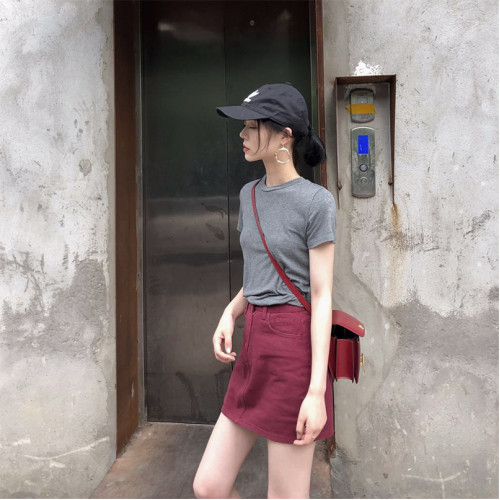 復古酒紅色牛仔半裙女2025夏季新款氣質高腰修身顯瘦包臀a字短裙