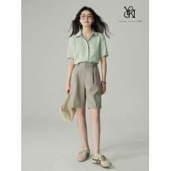 婭可家暗門襟緞面短袖襯衫女夏季垂感不易皺通勤職業面試襯衣上衣