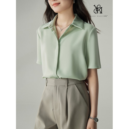 婭可家暗門襟緞面短袖襯衫女夏季垂感不易皺通勤職業面試襯衣上衣