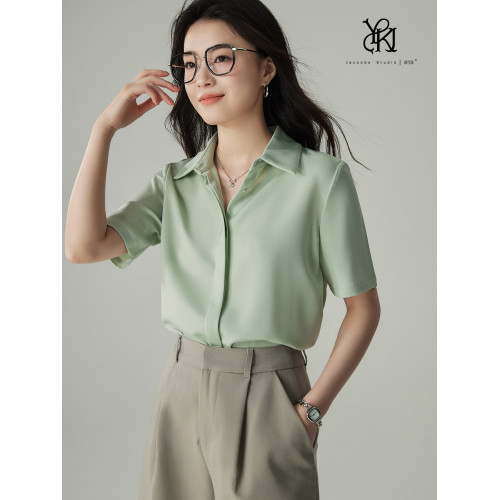 婭可家暗門襟緞面短袖襯衫女夏季垂感不易皺通勤職業面試襯衣上衣