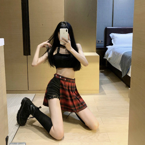 新款夏季顯瘦狂野高腰紅格子裙性感青春JK短裙輕熟美美裙爆款舞裙
