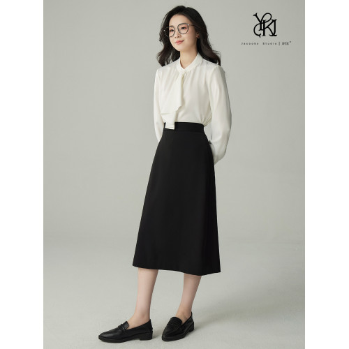 JACOOBS婭可家黑色高腰開叉半身裙女春秋面試職業正裝a字裙西裝裙