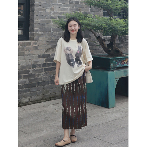 白目自女裝半身裙女[表情系列]松緊腰迷彩百搭顯瘦碎花百褶中長裙
