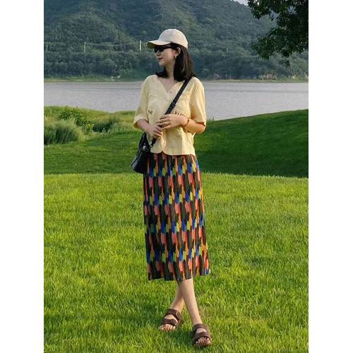 白目自女裝半身裙女[表情系列]松緊腰迷彩百搭顯瘦碎花百褶中長裙