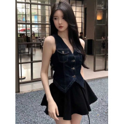 2025夏季新款法式復古港風無袖V領修身牛仔馬甲上衣短裙兩件套女