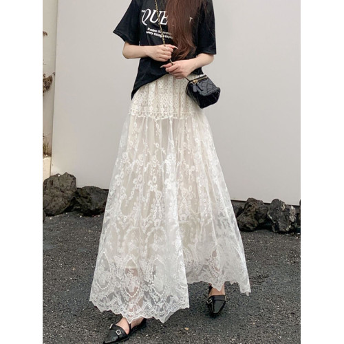 法式白色半身裙女夏季2025新款設計感蕾絲花邊a字裙高腰氣質長裙