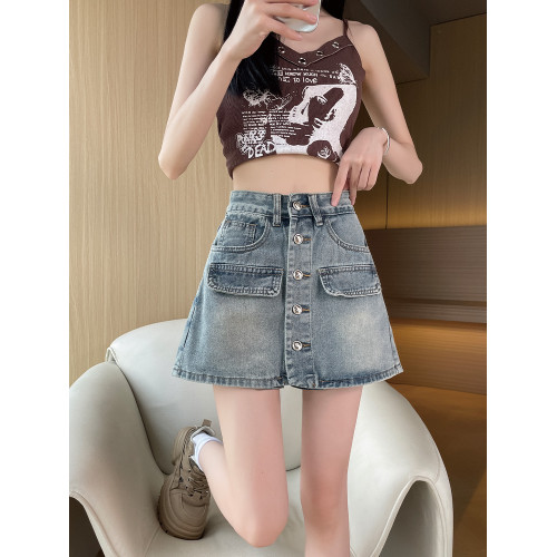 高腰A字牛仔短裙女2024夏季新款小衆設計款小個子顯瘦顯高修身潮