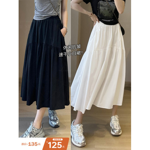 靚小靚 休閒範速乾小白裙！抗皺易洗口袋拼接A型夏季半身裙小黑裙