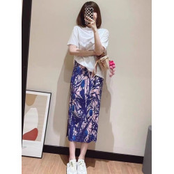 三宅高級褶皺半身裙女夏季花色直筒裙氣質顯瘦高腰印花百褶長裙