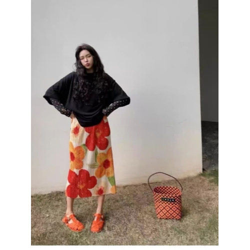 三宅高級褶皺半身裙女夏季花色直筒裙氣質顯瘦高腰印花百褶長裙