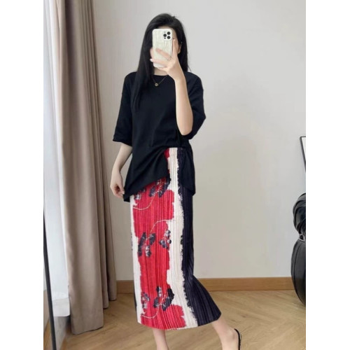 三宅高級褶皺半身裙女夏季花色直筒裙氣質顯瘦高腰印花百褶長裙