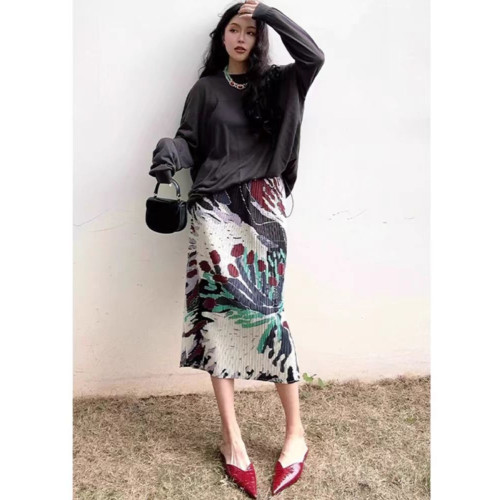 三宅高級褶皺半身裙女夏季花色直筒裙氣質顯瘦高腰印花百褶長裙