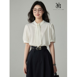婭可家白色緞面短袖襯衫女設計感小衆輕熟港風飄帶通勤職業襯衣