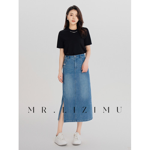 李子木夏季半身裙女2025新款a字中長款顯瘦遮胯遮肚子拼接牛仔裙 李子木夏季半身裙女2025新款a字中長款顯瘦遮胯遮肚子拼接牛仔裙