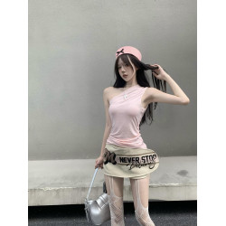 GARIS歐美辣妹風套裝2024新款粉色斜肩上衣印花顯瘦皮短裙兩件套