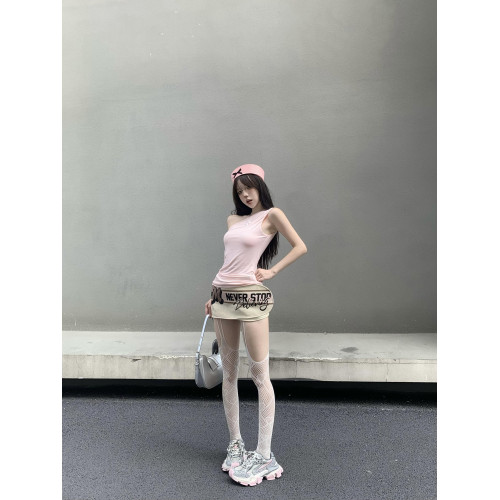 GARIS歐美辣妹風套裝2024新款粉色斜肩上衣印花顯瘦皮短裙兩件套