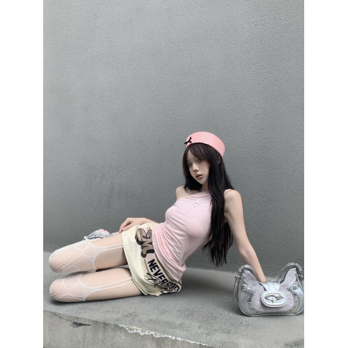 GARIS歐美辣妹風套裝2024新款粉色斜肩上衣印花顯瘦皮短裙兩件套