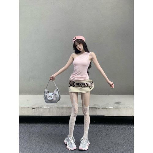 GARIS歐美辣妹風套裝2024新款粉色斜肩上衣印花顯瘦皮短裙兩件套
