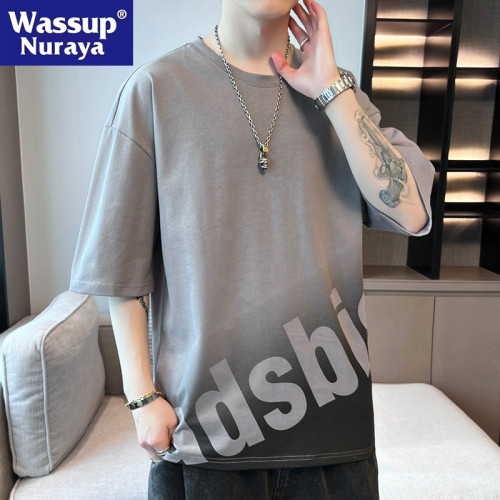 WASSUP NURAYA2024新款夏季潮牌學生短袖體恤漸變五分袖半袖T恤男