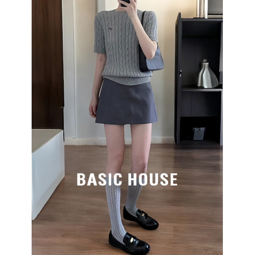 Basic House/百家好灰色西裝短裙女夏季小個子包臀A字半身打底裙