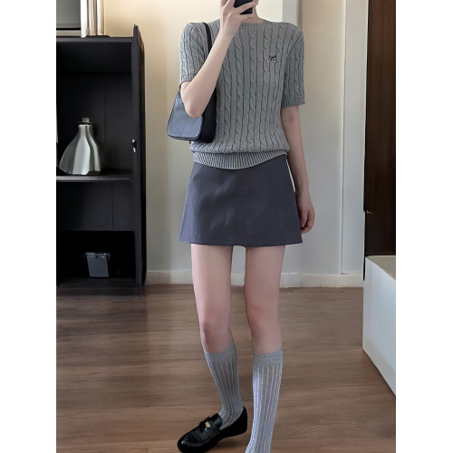 Basic House/百家好灰色西裝短裙女夏季小個子包臀A字半身打底裙