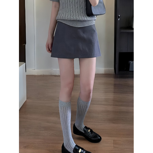 Basic House/百家好灰色西裝短裙女夏季小個子包臀A字半身打底裙